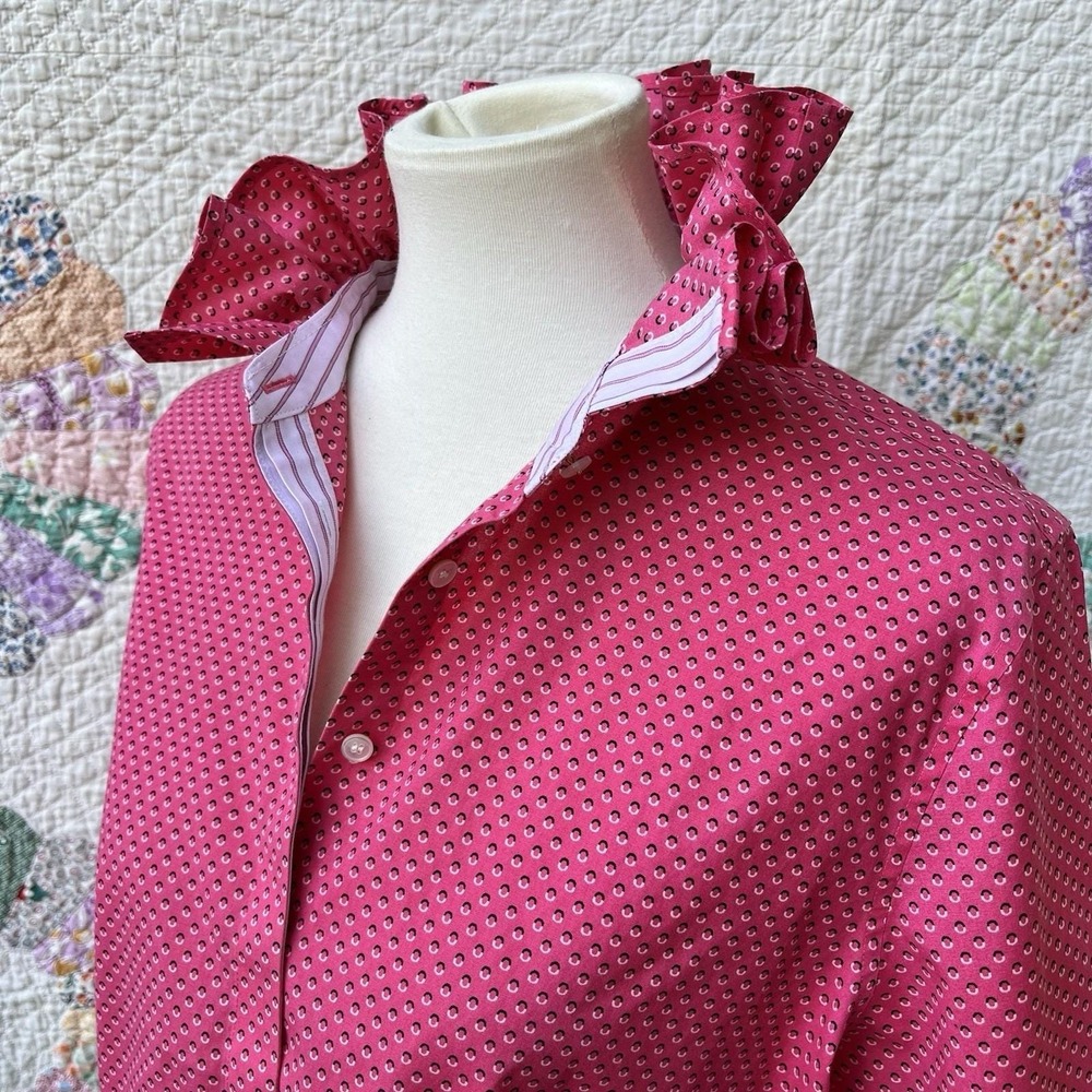 Upcycled Re-worked Talbots Hot Pink Polka Dot Fitted Ruffle Collar Shirt L - Picture 4 of 11